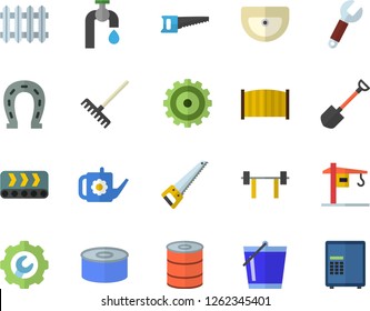 Color flat icon set crane flat vector, saw, sink, repair, fence, canned food, horseshoe, shovel, rake, watering can, bucketful, water tap, conveyor, wrench, radiator, cogwheel, barbell, safe fector