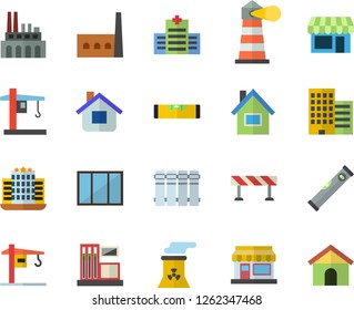 Color flat icon set crane flat vector, house, window, level meter, skyscraper, heating batteries, barrier, grain warehouse, gas station, manufactory, plant, lighthouse, nuclear power, hotel, shop