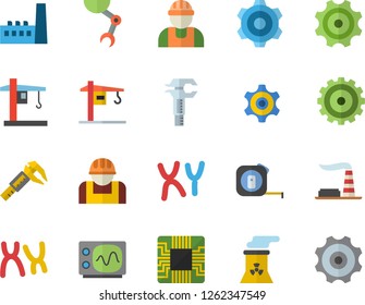 Color flat icon set crane flat vector, builder, cogwheel, tape measure, trammel, factory, manufactory, construction worker, motherboard, chromosomes, robot hand, nuclear power plant, oscilloscope