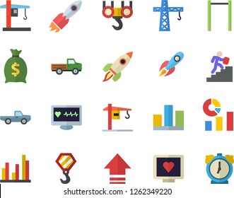 Color flat icon set crane flat vector, hook, pickup truck, rocket, wealth, statistics, computer diagnostics of health, statistic, career ladder, parallel bars, upload, alarm clock