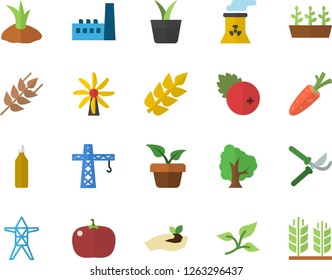 Color flat icon set crane flat vector, ear, tomato, cranberry, mustard, home plant, carrot, tree, secateurs, seedlings, planting plants, windmill, leaf, power line support, manufactory, nuclear