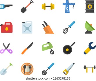 Color flat icon set crane flat vector, saw, teflon, kitchen spoon, whisk, knives, scissors, mixer, table setting, shovel, oil tanks, canister, satellite antenna, wrench, dumbbell, barbell