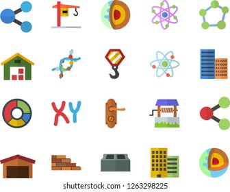 Color flat icon set crane flat vector, brick wall, hook, door lock, skyscraper, well, warehouse, molecules, DNA, chromosomes, clircle diagram, molecule, atom, core of the earth fector