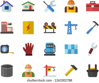 Color flat icon set crane flat vector, builder, tool, tape measure, bag, tile, switch box, hammer, barrier, house, gloves, gas station, refueling, construction worker, pipe production, wrench