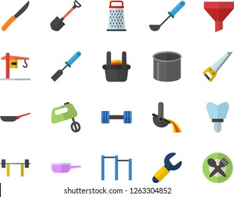 Color flat icon set crane flat vector, saw, frying pan, saute, ladle, kitchen spatula, knives, mixer, grater, shovel, pipe production, wrench, metallurgy, funnel, implant, dumbbell, barbell