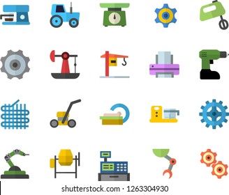 Color flat icon set crane flat vector, concrete mixer, drill screwdriver, weighing machine, coffee, food processor, tractor, lawn mower, oil pumping, cogwheel, fabric manufacture, robotics, cash