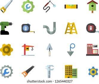Color flat icon set crane flat vector, trowel, cogwheel, drill screwdriver, saw, tape measure, ladder, pipes, level meter, skyscraper, repair, construction plummet, nesting box, gas station, welding