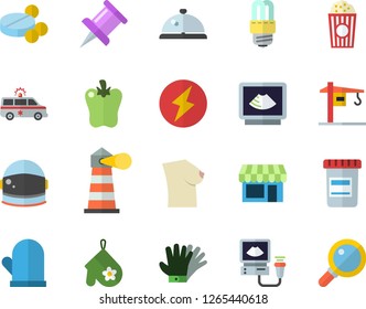 Color flat icon set crane flat vector, energy saving lamp, potholder, bell pepper, popcorn, gloves, lighthouse, pills, vial, ambulance, ultrasound, breast, drawing pin, lightning, shop, jingle