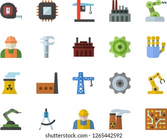 Color flat icon set crane flat vector, builder, tape measure, manufactory, plant, cogwheel, motherboard, robotics, dividers, trammel, robot hand, nuclear power, industrial, electronic circuit