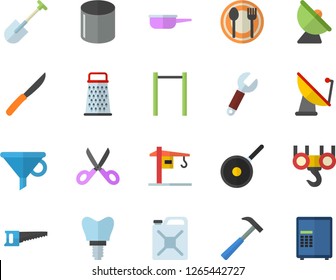 Color flat icon set crane flat vector, hook, hammer, saute, teflon, knives, scissors, grater, table setting, shovel, saw, canister, satellite antenna, pipe production, wrench, funnel, implant