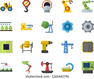 Color flat icon set crane flat vector, hook, concrete mixer, cogwheel, drill screwdriver, food processor, tractor, sprinkling machine, oil pumping, robotics, tomograph, robot hand, cpu, industrial