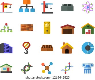 Color flat icon set crane flat vector, house, brick wall, hook, door lock, warehouse, hierarchy, molecules, office building, clircle diagram, atom, dna, classification, antique column fector