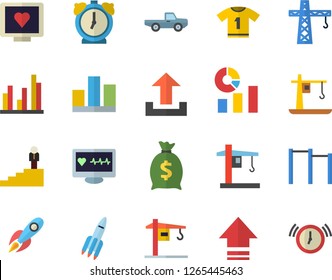 Color flat icon set crane flat vector, pickup truck, rocket, wealth, statistics, computer diagnostics of health, statistic, career ladder, parallel bars, sport T shirt, upload, alarm clock