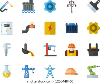 Color flat icon set crane flat vector, cogwheel, hard hat, switch box, putty knife, main pipeline, chemistry, accumulator, power line support, hydroelectric station, construction worker, welding