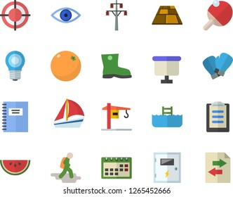 Color flat icon set crane flat vector, switch box, flooring, watermelon, orange, gumboots, lamp, power line support, flipchart, sailboat, eye, clipboard, calendar, target, notebook, boxing gloves
