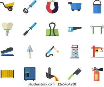 Color flat icon set crane flat vector, trowel, fence, hiking pot, kitchen spatula, whisk, knives, grater, saw, garden wheelbarrow, welding, metallurgy, implant, stapler, magnet, barbell, safe
