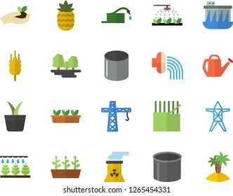 Color flat icon set crane flat vector, pineapple, ear, home plant, sprinkling machine, hose, seedlings, watering can, irrigation, forest, power line support, hydroelectric station, pipe production
