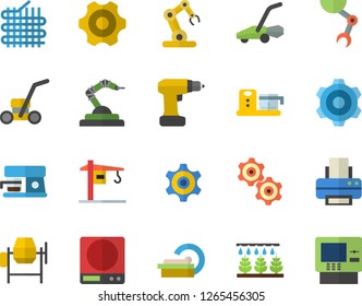 Color flat icon set crane flat vector, concrete mixer, cogwheel, drill screwdriver, weighing machine, coffee, food processor, sprinkling, lawn mower, fabric manufacture, robotics, tomograph, printer