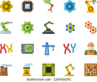 Color flat icon set crane flat vector, builder, cogwheel, motherboard, robotics, chromosomes, robot hand, nuclear power plant, oscilloscope, industrial, electronic circuit