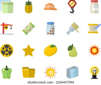 Color flat icon set crane flat vector, hook, hard hat, spaghetti, lemon, on a fork, bell pepper, pineapple, pear, radiation, computer file, sticker, hostory roll, vitamins, sun fector, favorites