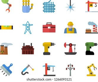 Color flat icon set crane flat vector, builder, drill screwdriver, tool bag, level meter, putty knife, oil pumping, factory, power line support, plant, fabric manufacture, laser, welding, robot hand