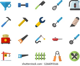Color flat icon set crane flat vector, saw, fence, stationery knife, hammer, frying pan, electric kettle, kitchen spoon, whisk, knives, toaster, welding, wrench, funnel, dumbbell, carpal expander