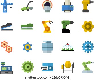 Color flat icon set crane flat vector, concrete mixer, cogwheel, drill screwdriver, coffee machine, sprinkling, lawn mower, robotics, cash, tomograph, printer, copy, stapler, industrial robot