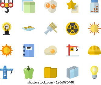 Color flat icon set crane flat vector, hook, hard hat, spaghetti on a fork, bell pepper, scrambled eggs, sun, radiation, computer file, sticker, notebook, vitamins, favorites, lamp