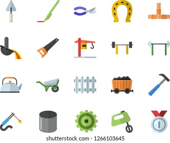 Color flat icon set crane flat vector, trowel, wheelbarrow, saw, pipes, hammer, teapot, mixer, horseshoe, secateurs, pipe production, welding, mining, radiator, metallurgy, cogwheel, scalpel, medal
