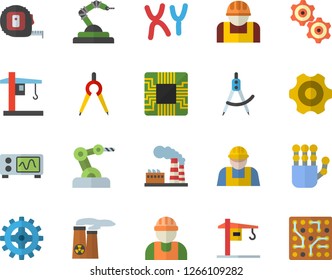 Color flat icon set crane flat vector, builder, cogwheel, tape measure, factory, construction worker, motherboard, robotics, dividers, chromosomes, robot hand, nuclear power plant, oscilloscope