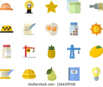 Color flat icon set crane flat vector, hard hat, lemon, spaghetti on a fork, scrambled eggs, pineapple, pear, sun, sticker, hostory roll, notebook, vitamins, taxi fector, favorites, lamp