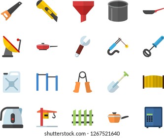 Color flat icon set crane flat vector, saw, fence, stationery knife, frying pan, saute, electric kettle, whisk, shovel, canister, satellite antenna, pipe production, welding, wrench, funnel