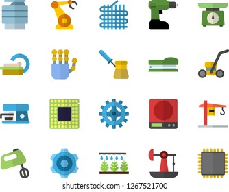 Color flat icon set crane flat vector, cogwheel, drill screwdriver, weighing machine, turk, mixer, coffee, sprinkling, lawn mower, oil pumping, fabric manufacture, robotics, tomograph, copy, stapler