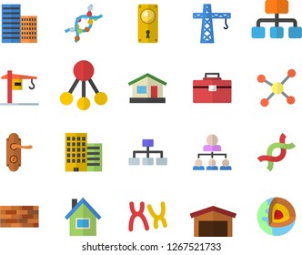 Color flat icon set crane flat vector, house, brick wall, tool bag, door lock, skyscraper, warehouse, hierarchy, DNA, chromosomes, molecule, classification, core of the earth fector