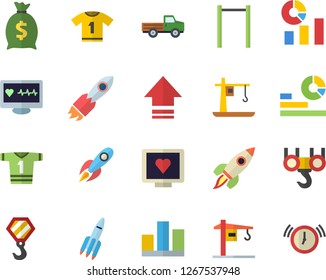 Color flat icon set crane flat vector, hook, pickup truck, rocket, wealth, statistics, computer diagnostics of health, statistic, parallel bars, sport T shirt, upload, alarm clock