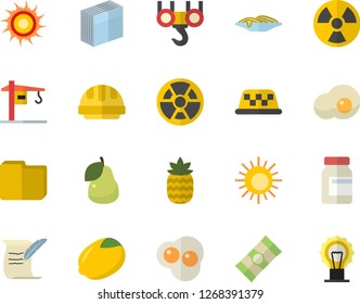 Color flat icon set crane flat vector, hook, hard hat, spaghetti, lemon, scrambled eggs, pineapple, pear, radiation, computer file, sticker, hostory roll, vitamins, sun fector, taxi, lamp