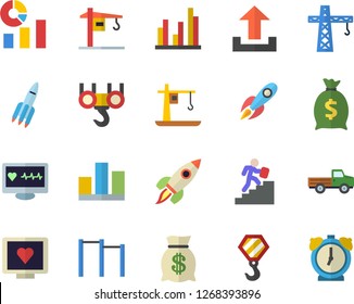 Color flat icon set crane flat vector, hook, pickup truck, rocket, wealth, statistics, computer diagnostics of health, statistic, career ladder, parallel bars, upload, alarm clock