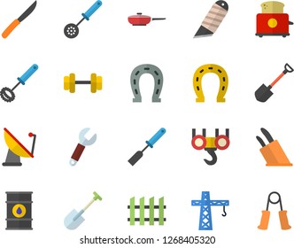 Color flat icon set crane flat vector, hook, fence, stationery knife, frying pan, kitchen spatula, spoon, whisk, knives, toaster, horseshoe, shovel, oil tanks, satellite antenna, wrench, dumbbell