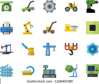 Color flat icon set crane flat vector, hook, concrete mixer, cogwheel, drill screwdriver, weighing machine, turk, food processor, tractor, lawn mower, oil pumping, fabric manufacture, cash, printer