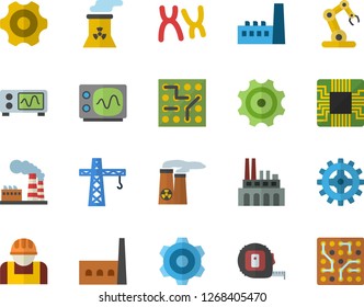 Color flat icon set crane flat vector, cogwheel, tape measure, factory, manufactory, plant, construction worker, motherboard, chromosomes, nuclear power, oscilloscope, industrial robot