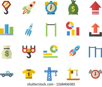 Color flat icon set crane flat vector, hook, pickup truck, rocket, wealth, statistics, statistic, parallel bars, sport T shirt, upload, alarm clock