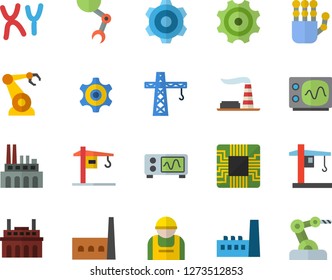 Color flat icon set crane flat vector, cogwheel, factory, manufactory, plant, construction worker, motherboard, robotics, chromosomes, robot hand, oscilloscope, industrial