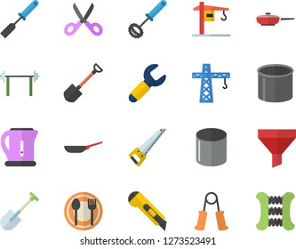Color flat icon set crane flat vector, saw, stationery knife, frying pan, electric kettle, kitchen spatula, whisk, scissors, table setting, shovel, pipe production, wrench, funnel, barbell