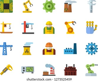 Color flat icon set crane flat vector, trammel, factory, manufactory, plant, cogwheel, construction worker, motherboard, robotics, robot hand, nuclear power, oscilloscope, industrial