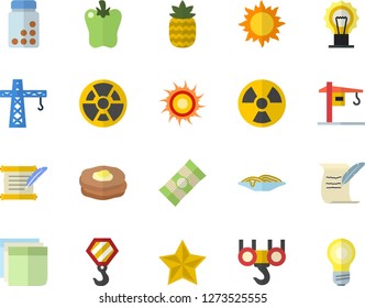 Color flat icon set crane flat vector, hook, spaghetti, bell pepper, pineapple, pancakes, sun, radiation, sticker, hostory roll, vitamins, fector, favorites, lamp