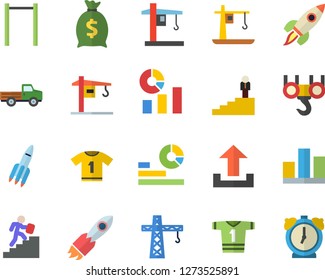 Color flat icon set crane flat vector, hook, pickup truck, rocket, wealth, statistics, statistic, career ladder, parallel bars, sport T shirt, upload, alarm clock
