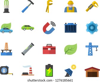 Color flat icon set crane flat vector, builder, cogwheel, tool, tape measure, bag, level meter, hammer, oil production platform, battery, solar, trammel, tree leaf, factory, accumulator, eco cars
