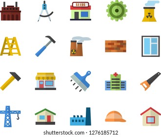 Color flat icon set crane flat vector, brick wall, window, saw, ladder, hard hat, putty knife, hammer, grain warehouse, house, manufactory, plant, dividers, cogwheel, nuclear power, hospital fector