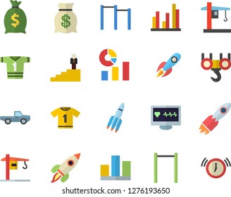 Color flat icon set crane flat vector, hook, pickup truck, rocket, wealth, statistics, computer diagnostics of health, statistic, career ladder, parallel bars, sport T shirt, alarm clock