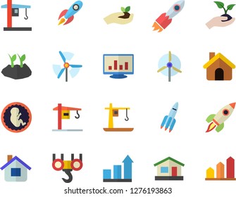 Color flat icon set crane flat vector, house, hook, seedlings, planting plants, rocket, embryo, computer chart, windmill, achievement